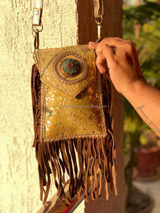 Bolso de piel metálica hecho a mano con flecos para teléfono móvil, bandolera de cuero con cinturón - Product Image 2