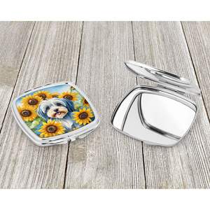 Espejo de maquillaje de mano plegable compacto de girasoles Terrier tibetano, regalo decorativo de viaje de bolsillo portátil para mujeres y niñas - Product Image 3