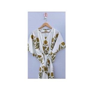 Floral Cotton Casual <b>Kaftan</b> Boho Tunic Dress <b>Plus</b> <b>Size</b> Indian Eco-Friendly Natural Waistline Loose Silhouette with Feathers - Product Image 1