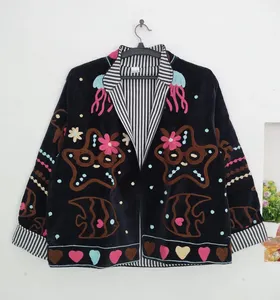 Chaqueta Bohemia de Terciopelo Negro Bordada con Dibujos Animados de Criaturas Marinas, Cuello Alto, Manga Larga, Chaqueta de Primavera para Mujer - Product Image 2