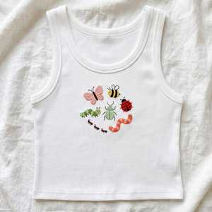 Camiseta sin mangas blanca bordada para mujer con estampado de insectos de dibujos animados, cuello redondo, informal, de punto, de algodón - Product Image 1