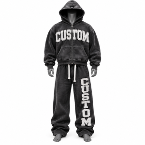 Ensemble unisexe noir 100 % coton, sweat à capuche oversize délavé avec fermeture éclair et pantalon large respirant brodé, service OEM, personnalisation de lettres - Product Image 1