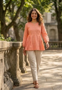 Linen Cotton Fabric Short Plain Kurti And Pant Pair Casual Wear Formal Regular Wear Kurti Plazzo Pant Cordset For Ladies - Product Image 2