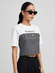T-shirt à manches longues en velours côtelé écologique pour femme, imprimé Tranquility, coupe courte avec ceinture - Product Image 5