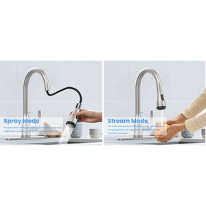 Grifo de Cocina Comercial de 3 Orificios con Rociador Extraíble, 4 Modos de Rociado, Acabado Níquel Cepillado, Función de Bloqueo - Product Image 5