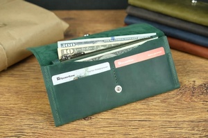 High Quality Genuine Leather Bifold Wallet for Men Women Unisex Long <b>Purse</b> Button Closure Cotton Lining Featuring Logo Pattern - Product Image 4