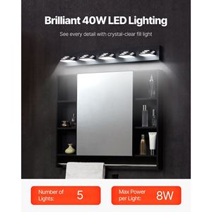 Moderna Lampada da Parete a 5 Luci LED per Specchio da Bagno, 85 cm, Nera, Impermeabile IP44 - Product Image 2