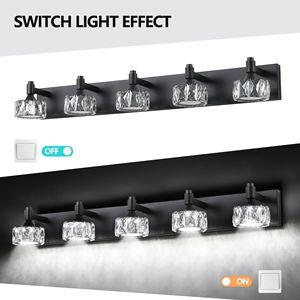 Moderna Lampada da Parete a 5 Luci LED Nera Opaca con Eleganti Paralumi in Cristallo per Bagno - Product Image 6
