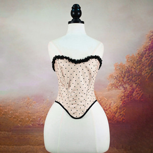 Corset en satin à pois pour femme avec bordure en dentelle, gaine amincissante à maintien moyen, lingerie respirante, bustier - Product Image 1