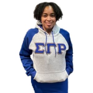 Sudadera con Capucha de Chenille y Mangas Raglán Sigma Gamma Rho SGRho Azul Gris, Prenda Premium de la Hermandad Griega - Product Image 2