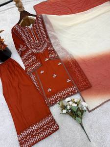 Ensemble Salwar Kameez brodé orange pour femmes, tenue formelle indienne pakistanaise, tenue de soirée de mariage - Product Image 5