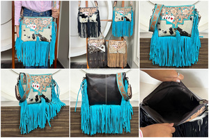 Bolso Bandolera de Cuero Vacuno con Flecos y Diseño de Cartas de Póker, Estilo Vaquero Bohemio, Perfecto para Viajar - Product Image 3