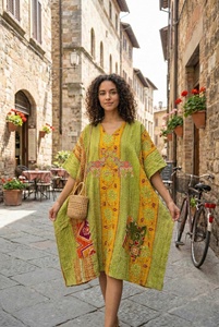 Vintage Cotton Patchwork Kantha <b>Kaftan</b> Handmade Block Print Autumn/Winter Breathable Eco-Friendly Kantha <b>Kaftan</b> - Product Image 5