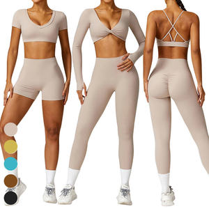 Ensemble de vêtements de sport pour homme : Soutien-gorge de sport, Crop top, Haut enveloppant à manches longues, Short taille haute, Legging respirant et écologique avec logo frontal - Product Image 6