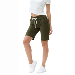 Women's Olive Green Polyester Knitted Shorts Mid Waist <b>Drawstring</b> Pockets Casual Breathable Regular Fit Shorts for Women - Product Image 5