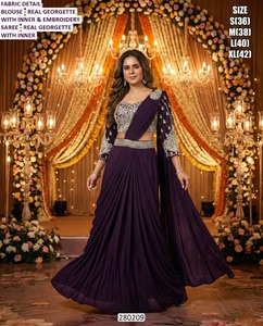 Vestido de Sirena Noor Plum Elegance, Largo hasta el Suelo, Georgette, Dupatta Bhandhani, Bordado con Patrón Floral, Moderno, Cómodo, Natural - Product Image 2