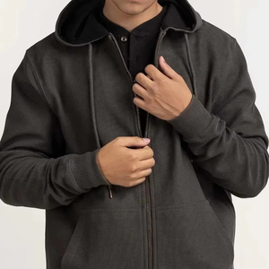 Sudadera con Capucha para Hombre, Color Gris, Corte Regular, Algodón French Terry, Informal, Color Sólido, Diseño con Cierre y Bolsillo Frontal, Ropa de Otoño - Product Image 3
