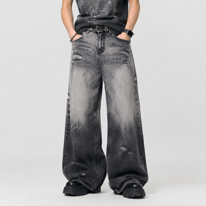Jean en denim déchiré noir délavé pour homme, coupe large, taille mi-haute, style ample, effet vieilli, écologique, imperméable, hiver-automne - Product Image 1