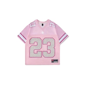 2026 Trendy Streetwear Pink Rhinestone American Football Jersey Women Mesh V Neck Breathable Polyester <b>Crystal</b> Number Sports Top - Product Image 1