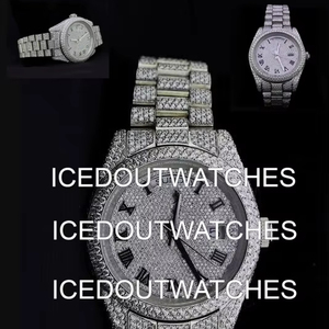 Montre en acier inoxydable avec cristaux de verre glacés en moissanite, mouvement mécanique, résistance à l'eau 10 BAR, unisexe - Product Image 1