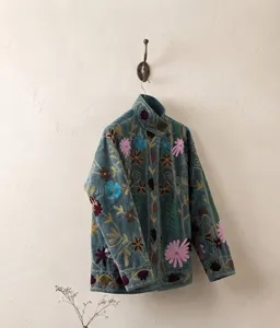 Premium Gray <b>Velvet</b> Suzani Embroidered <b>Jacket</b> with Floral Print Full Sleeve Stand Collar Bohemian <b>Women's</b> Winter Outerwear - Product Image 2