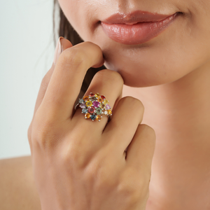 Anillo de Plata de Ley 925 con Diseño Floral en Forma de Cúpula, Zafiro Multicolor de Corte Redondo, Gema Natural, Joyería Fina - Product Image 4