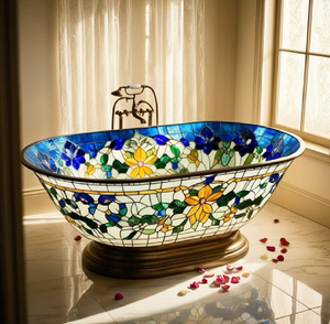 Baignoire artistique en mosaïque de verre teinté bleu et jaune vif avec base en laiton, disponible à prix de gros pour les hôtels de luxe. - Product Image 5