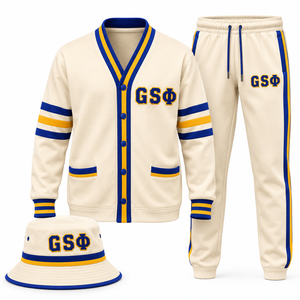 Ensemble cardigan et jogging GSΦ Varsity, crème, bleu, jaune, imprimé lettres, manches longues, survêtement décontracté unisexe pour adulte, vêtements d'automne - Product Image 1