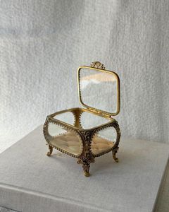 Brass Square Jewelry <b>Box</b> with Mirrored Lid Ornate Legs Vintage Decorative Trinket <b>Box</b> for Rings <b>Earrings</b> Necklaces - Product Image 1