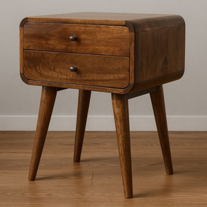 Mid Century Modern Teak Wood <b>Bedside</b> <b>Table</b> with Two Storage Drawers and <b>Rounded</b> Corner Design - Product Image 1