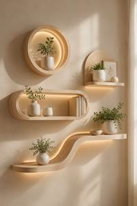 Étagère murale flottante moderne en bois, éclairée, pour l'agencement des objets dans le salon ou la chambre à coucher - Product Image 3