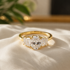Bague de fiançailles en or jaune plaqué 14 carats avec moissanite, cinq pierres, bague de demande en mariage, diamant taille ovale, pour femme - Product Image 1