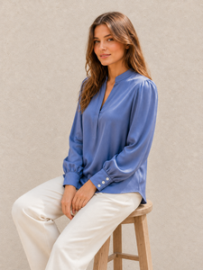 Blusa de Seda Satinada de Color Azul Premium, Cuello en V, Cuello Alto, Manga Larga, Camisa Elegante para Oficina, Ropa Formal para Mujer - Product Image 1