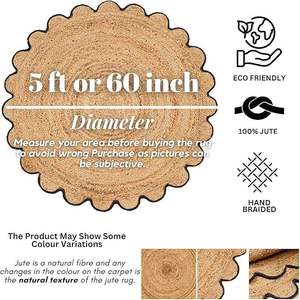 Alfombra redonda de yute ecológica hecha de yute natural con fibras festoneadas para diseños de hogar modernos. - Product Image 3