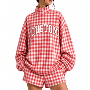 <b>Women's</b> Red Plaid Oversized Turtleneck <b>Long</b> Sleeve <b>Shorts</b> Set Custom Printed Casual Fashion <b>Women</b> Set Cheap Price - Product Image 1