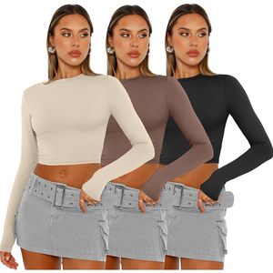 2025 2025 moda de otoño 3 paquetes de camisetas cortas de manga larga para mujer lindas Camisetas básicas ajustadas de Yoga 2025 trajes - Product Image 2