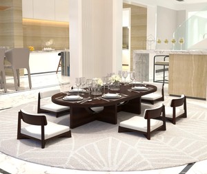 Midcentury Modern Japanese Style <b>Wood</b> <b>Dining</b> Room Set 6 Piece Solid Back Upholstered <b>Chairs</b> Rectangular Table Home Furniture - Product Image 1