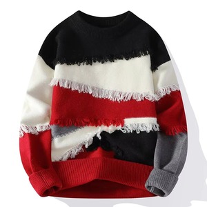 เสื้อสเวตเตอร์ผู้ชายสไตล์อเมริกันเรโทร Bflazy แห้งเร็ว ตกแต่งผ้าแบบ Patchwork ด้านหน้า รุ่นเกาหลีญี่ปุ่น ตัดเย็บแบบตัดกัน  เสื้อถักไหมพรมสำหรับฤดูหนาว - Product Image 4