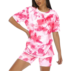 Women's Pink <b>Tie</b> <b>Dye</b> 2 Piece Shorts <b>Set</b> Casual Loose Fit Cotton T-Shirt & Above Knee Shorts Spring Summer Wear - Product Image 1