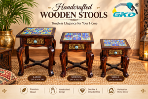 Ensemble de 3 tabourets en bois faits à la main GKD, table d'appoint avec tiroir de rangement incrusté de carreaux, design traditionnel, forme rectangulaire rustique, pour la maison - Product Image 1