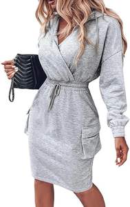 Vestido con Capucha para Mujer CHICME, Manga Larga, Cuello en V, Cintura Ajustable con Cordón, Vestido Informal Tipo Sudadera con Bolsillos con Solapa - Product Image 6