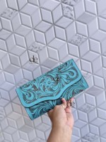 Nouveau Portefeuille Western en Cuir Sculpté à la Main, Pochette Téléphone Élégante Couleur Turquoise, Portefeuille Western en Cuir pour Femme Multi-usages