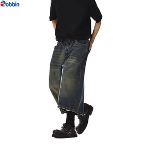 กางเกงยีนส์ขาสั้นทรงหลวมสไตล์เรโทรสีดำสำหรับผู้ชาย เป็นมิตรกับสิ่งแวดล้อม แห้งเร็ว ระบายอากาศได้ดี ผ้าฝ้ายทรงขาบาน - Product Image 3