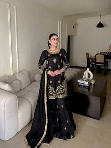 Black Chinon <b>Silk</b> Sharara <b>Kurta</b> Set Chinon <b>Silk</b> Sequence & Zari Embroidery Work Top and Sharara With Lace Border Work Dupatta - Product Image 2