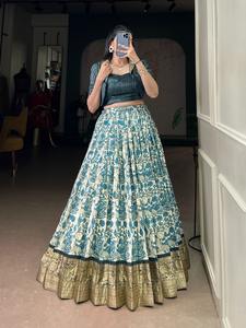 Handcrafted Tasar Silk Printed With Viscose Border Lehenga Choli - Product Image 3