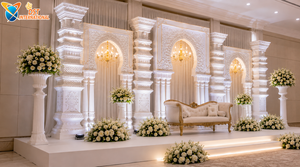 White <b>Wedding</b> Stage With 3d Carved <b>Arch</b> & Pillars Trending 3D Fiber Window Backdrop Panels for Asian <b>Wedding</b> Stages Australia - Product Image 2