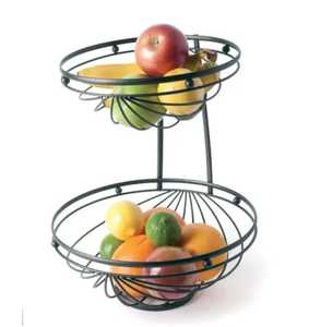 Elegant 2 Tier Black Metal Fruit Stand Decorative Swirl Pattern Kitchen Countertop Storage <b>Basket</b> With Top Handle Loop - Product Image 6