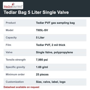 Bolsa de muestreo de gases TECHINSTRO Tedlar de 5 litros con válvula única de película PVF, a prueba de fugas, para muestreo de gases de combustión y de suelo (VOC) - Product Image 6