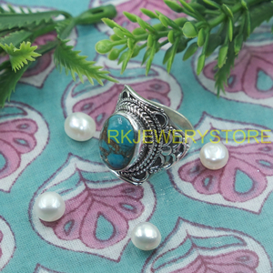 Blue Copper Turquoise <b>Ring</b> 925 Sterling Silver Handmade Vintage Boho <b>Statement</b> <b>Ring</b> Oval Cabochon Gemstone Jewelry Women Men - Product Image 5