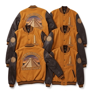 Blouson universitaire personnalisé en laine moutarde avec manches en cuir marron, broderie en forme de pyramide et motif soleil, vêtement de baseball - Product Image 1